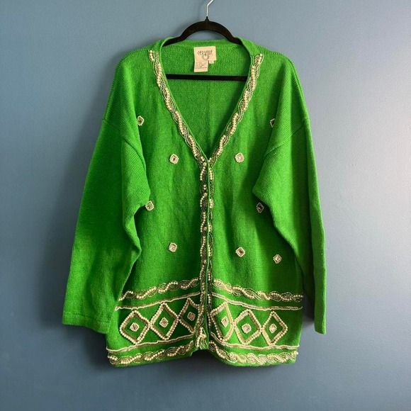 Vintage 90s Beaded Cardigan Women's Size XL Cervelle Green Pearl Festive Winter - Picture 1 of 8